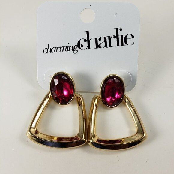Charming Charlie Gold-Tone Drop Earrings w/ Pink Oval Stone, Elegant Post Dangle - Picture 7 of 9